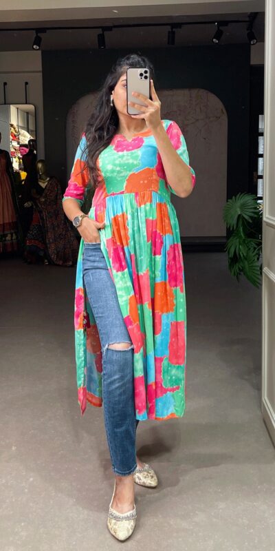 YNF 3305 Green Color: Fabrics: :- Rayon cotton With Foil Print Stitch Type: Fully-Stitched inside 2 inch extra margin support up to 36” to 40 ) | Kurti, Bollywood Kurti, Creative Kurtis, Designer Kurti, Party Wear Kurti, Selfie Kurti