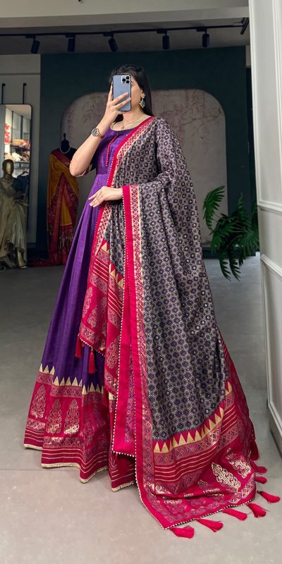 YNF 5007 Purple Color Tussar Silk Print With Foil Printed Gown Casual, Wedding, Party, Festive, Events Etc. Expected Delivery 4-6 Working Days @2049/- | Gowns, Bollywood Gowns, Creative Gowns, Designer Gowns, Embroidered Gowns, Party Wear Gowns