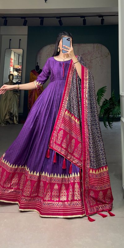 YNF 5007 Purple Color Tussar Silk Print With Foil Printed Gown Casual, Wedding, Party, Festive, Events Etc. Expected Delivery 4-6 Working Days @2049/- | Gowns, Bollywood Gowns, Creative Gowns, Designer Gowns, Embroidered Gowns, Party Wear Gowns