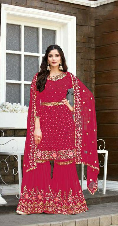 Mesmerizing Red color Georgette Embroidery Stone work Sharara Suit