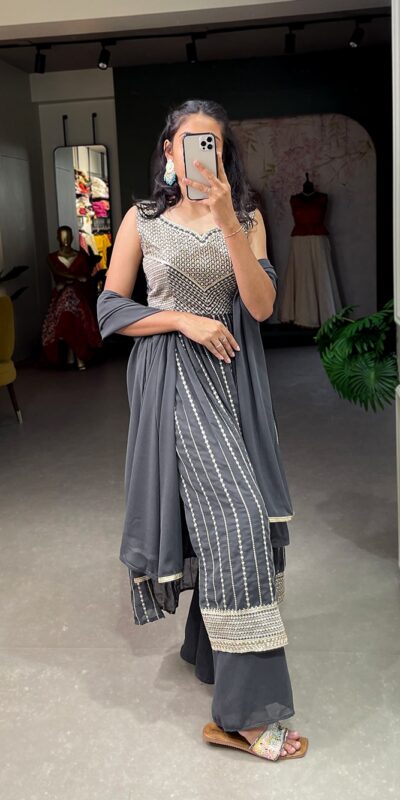 YNF 3503 GREY Color Top : Georgette Work : Embroidery Sequence Work Inner : Micro Cotton .Traditional Wear, Events. @1849/- | Gowns, Bollywood Gowns, Creative Gowns, Designer Gowns, Embroidered Gowns, Party Wear Gowns
