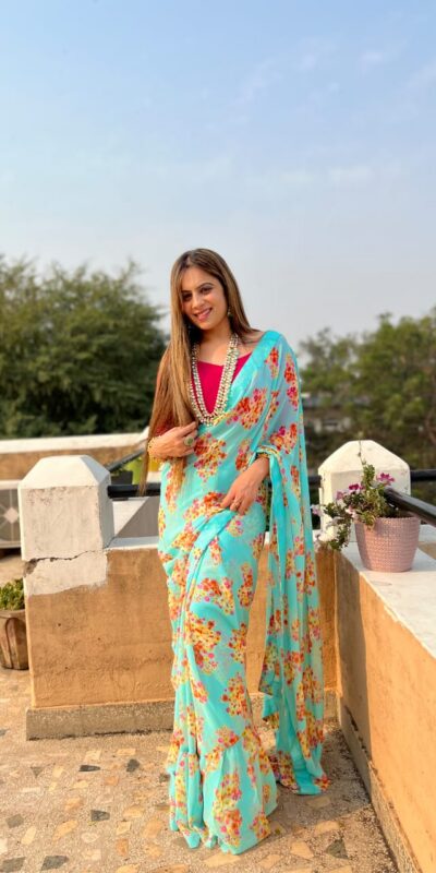JR 510 Blue Color Digital Print Georgette With Ruffle Lace Saree Casual, Party Wear, Wedding, Events Etc. Expected Delivery 4-6 Working Days 1299/- | Sarees, Bollywood Sarees, Creative Sarees, Designer Sarees, Embroidered Sarees, Ethnic Saree, Modern Digital sarees, Party Wear Sarees