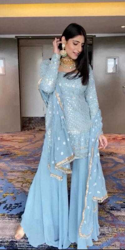 RTC 5373 Sky Blue Top : Georgette Sharara : Georgette Work : Embroidery With Sequence Wedding, Party, Festive,@2249/- Only | Salwar suit, Casual Suits, Creative suits, Designer Suits, Palazzo Suits, Party Wear Suits, Straight Suits