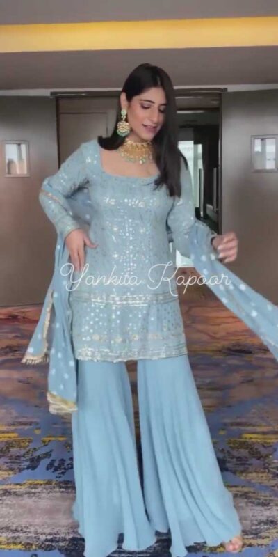 RTC 5373 Sky Blue Top : Georgette Sharara : Georgette Work : Embroidery With Sequence Wedding, Party, Festive,@2249/- Only | Salwar suit, Casual Suits, Creative suits, Designer Suits, Palazzo Suits, Party Wear Suits, Straight Suits