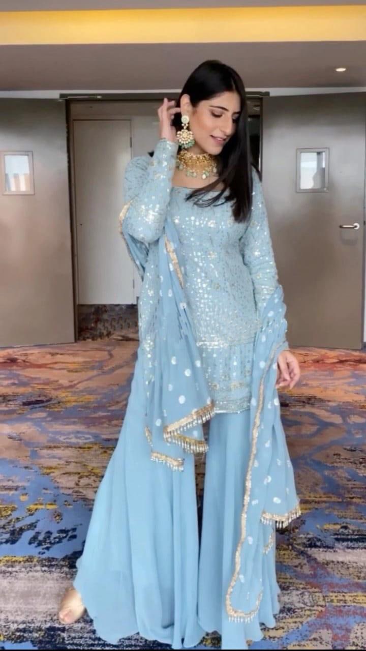 RTC 5373 Sky Blue Top : Georgette Sharara : Georgette Work : Embroidery With Sequence Wedding, Party, Festive,@2249/- Only | Salwar suit, Casual Suits, Creative suits, Designer Suits, Palazzo Suits, Party Wear Suits, Straight Suits