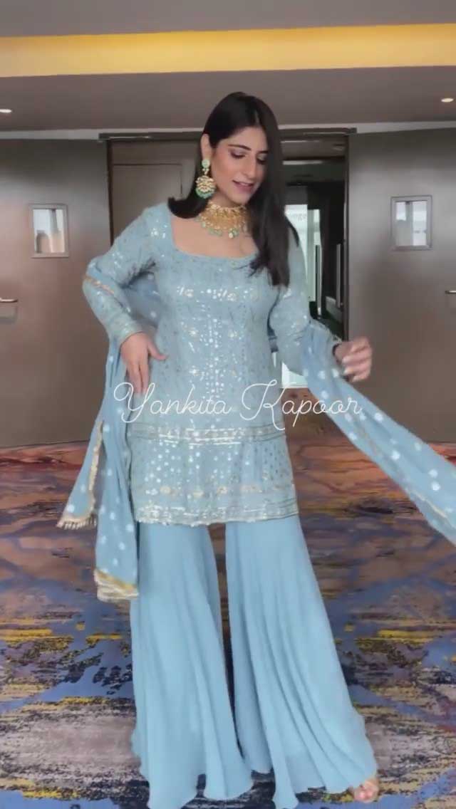 RTC 5373 Sky Blue Top : Georgette Sharara : Georgette Work : Embroidery With Sequence Wedding, Party, Festive,@2249/- Only | Salwar suit, Casual Suits, Creative suits, Designer Suits, Palazzo Suits, Party Wear Suits, Straight Suits