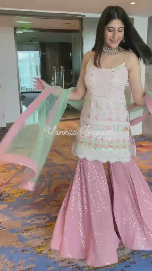 NSR 1270 White-Pink Top : Fox Georgette Sharara : Fox Georgette Work : Embroidery Work With Riyal Mirror Hand Work@1999/- Only | Salwar suit, Casual Suits, Creative suits, Designer Suits, Palazzo Suits, Party Wear Suits, Straight Suits