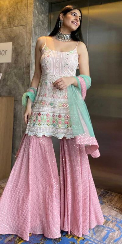 NSR 1270 White-Pink Top : Fox Georgette Sharara : Fox Georgette Work : Embroidery Work With Riyal Mirror Hand Work@1999/- Only | Salwar suit, Casual Suits, Creative suits, Designer Suits, Palazzo Suits, Party Wear Suits, Straight Suits