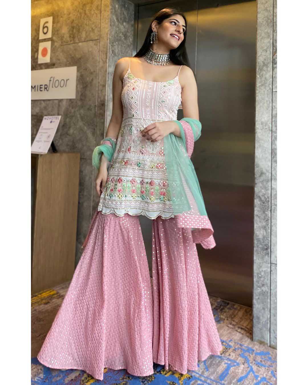 NSR 1270 White-Pink Top : Fox Georgette Sharara : Fox Georgette Work : Embroidery Work With Riyal Mirror Hand Work@1999/- Only | Salwar suit, Casual Suits, Creative suits, Designer Suits, Palazzo Suits, Party Wear Suits, Straight Suits