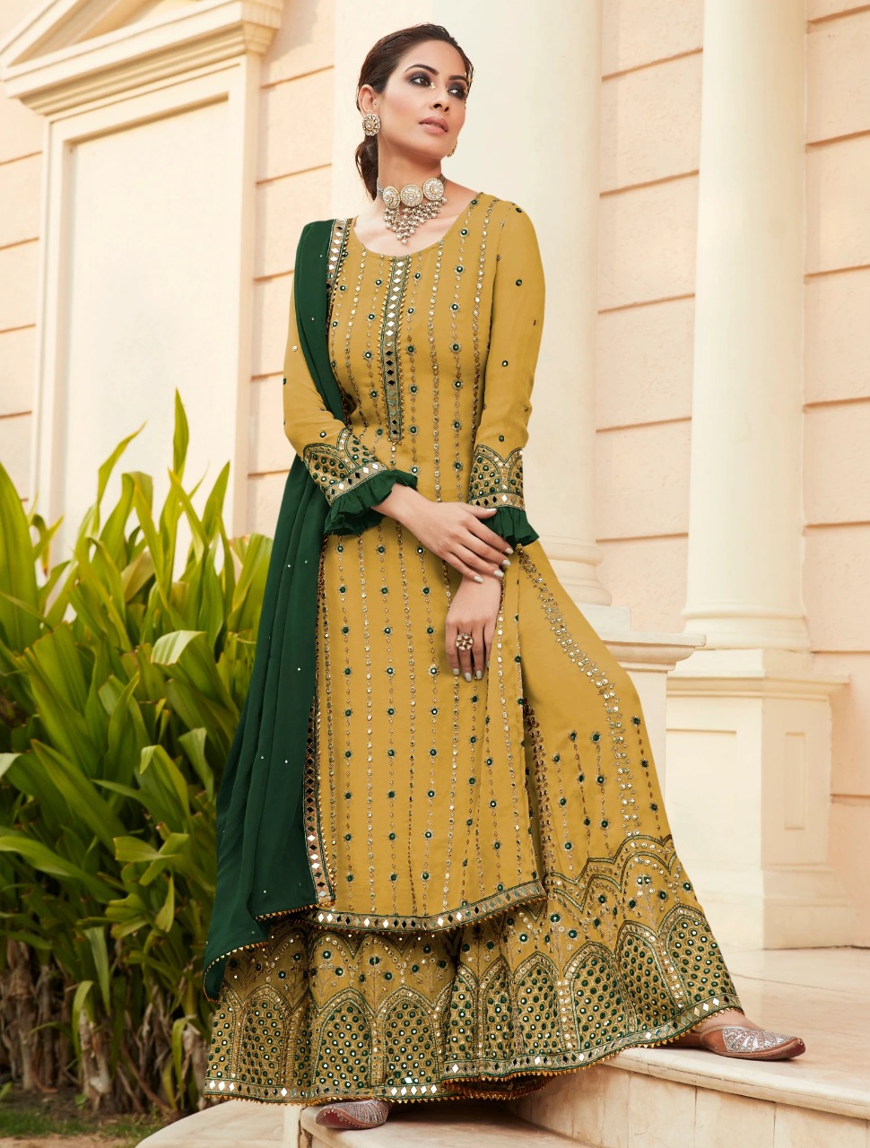 FC 9704 Yellow Top : Georgette Work : Embroidery Work, Mirror Work Wedding, Festive, Events Black Georgette Embroidered Sharara @2099 | Salwar suit, Casual Suits, Creative suits, Designer Suits, Palazzo Suits, Party Wear Suits, Straight Suits