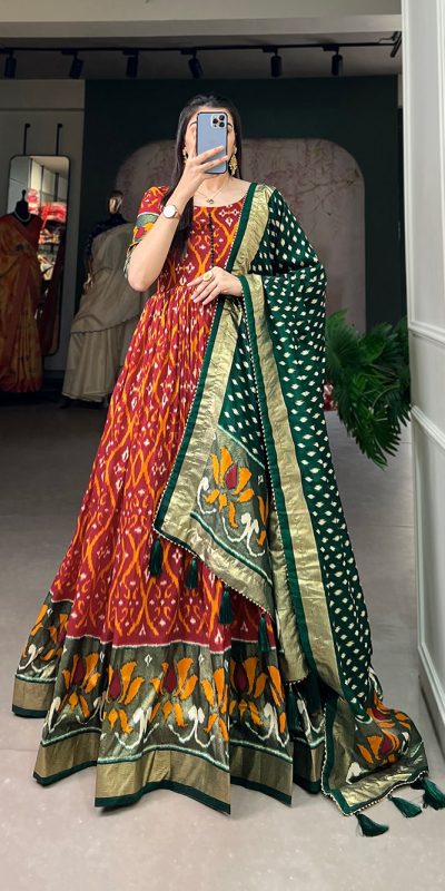 Aesthetic Red Color Tussar Silk Patola With Foil Print Gown