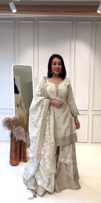 Aesthetic White Color Heavy Chinnon Silk Embroidery Sharara Suit