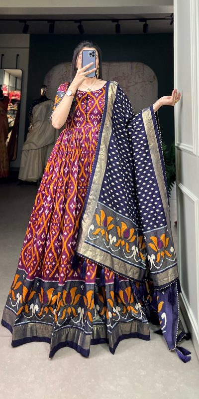 Aesthetic Wine Color Tussar Silk Patola With Foil Print Gown