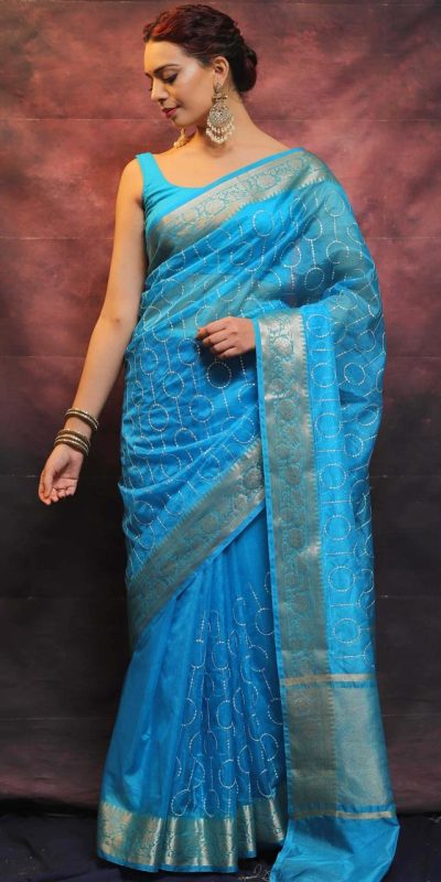 Artful Blue Nylon Organza Jacquard Multi Embroidered Saree