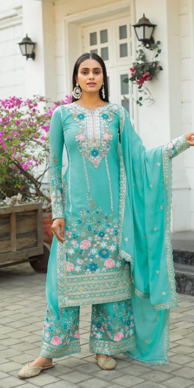 Artful Cyan Color Chinon Silk Diamond Hand Work Sharara Suit