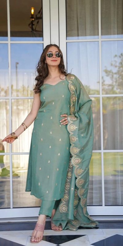 Artful Peacock Green Color Chinnon Silk Embroidery Salwar Suit