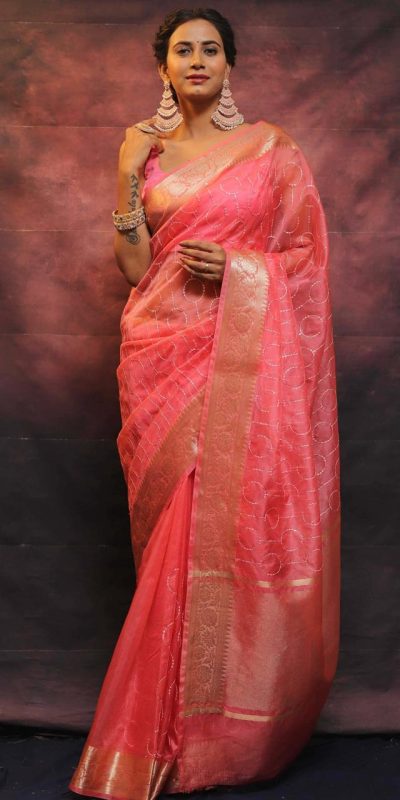 Artful Pink Nylon Organza Jacquard Multi Embroidered Saree