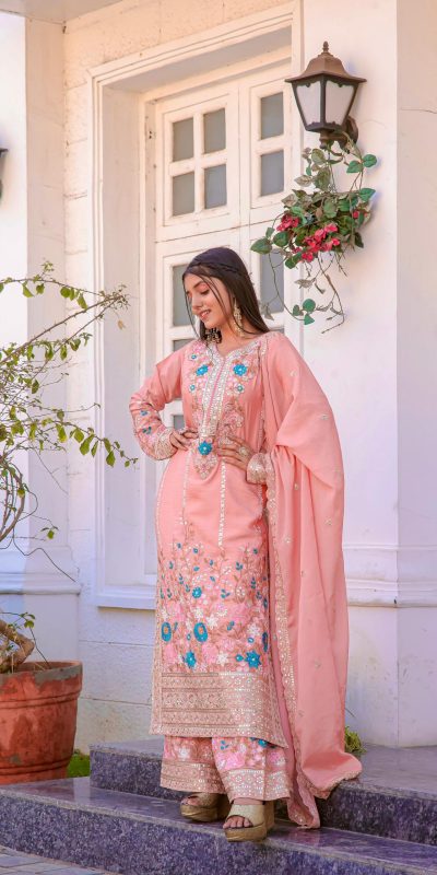 Artful Salmon Color Chinon Silk Diamond Hand Work Sharara Suit