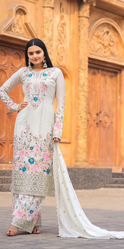 Artful White Color Chinon Silk Diamond Hand Work Sharara Suit