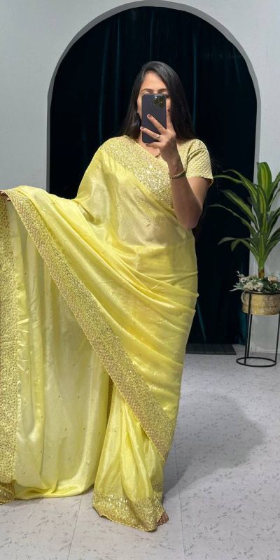 Artful Yellow Color Chinon Sequins & Zari Embroidery Work Saree