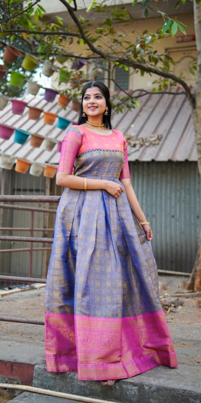 Attractive Blue Color Kanjivaram Silk Zari Weaving Work Gown