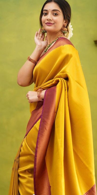 Beautiful Yellow Soft Lichi Silk Cloth Rich Pallu All Over Saree