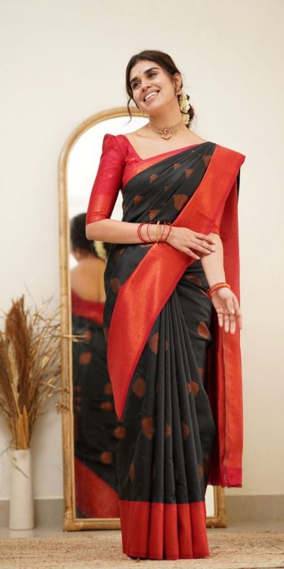 Brilliant Black Color Soft Lichi Silk Ordinary Design Pallu Saree