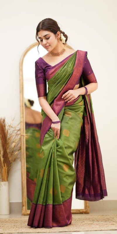 Brilliant Green Color Soft Lichi Silk Ordinary Design Pallu Saree