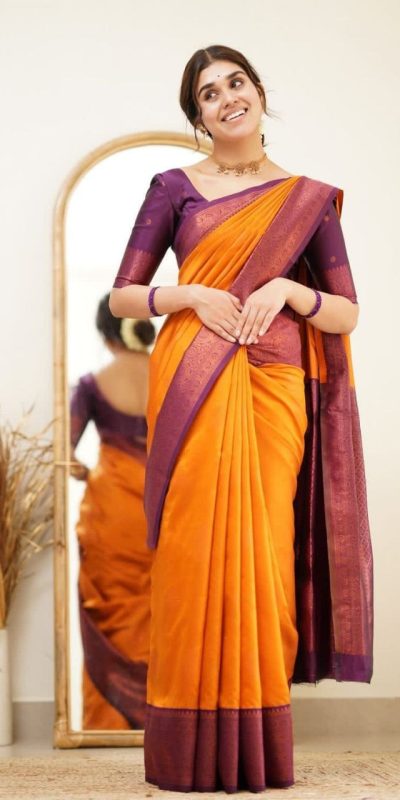 Brilliant Orange Color Soft Lichi Silk Ordinary Design Pallu Saree