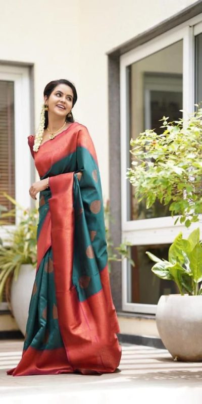 Classic Peacock Green Soft Lichi Silk Rich Pallu All Over Saree