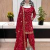 Classic Red Color Vichitra Silk Embroidery Dhoti Stael Sharara Suit