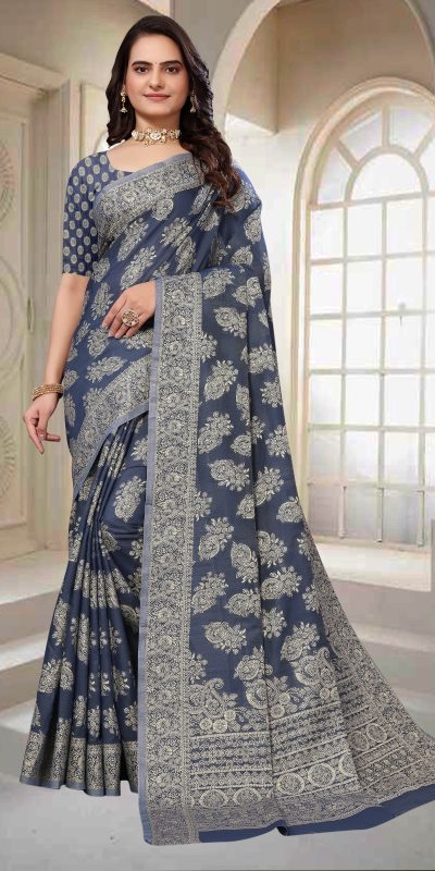 Consummate Blue Color Chikankari Cotton Line Work Saree