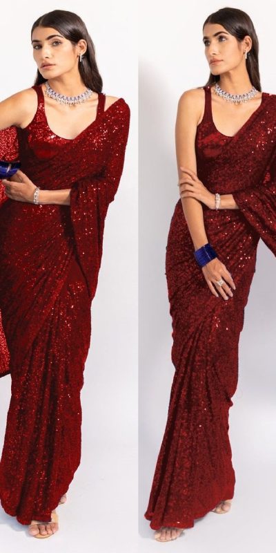 Consummate Red Color Georgette Fancy Sequence Work Saree