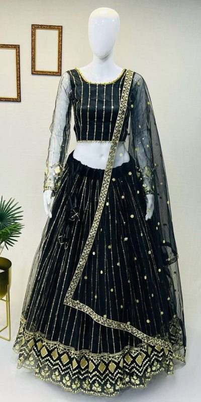 Cute Black Color Soft Net Embroidery Sequins Lehenga Choli