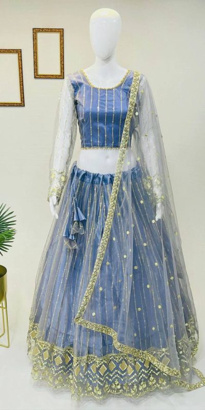 Cute Dodger Blue Soft Net Embroidery Sequins Lehenga Choli