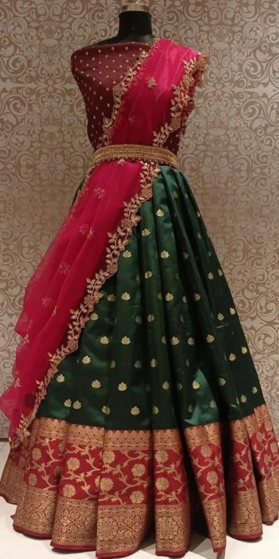 Cute Green Kanjivaram Silk Jacquard Zari Work Lehenga Choli