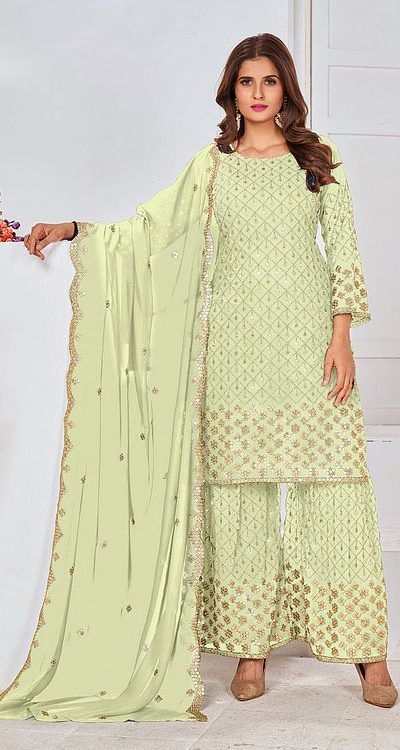Cute Light Green Color Georgette Embroidery Stone Sharara Suit