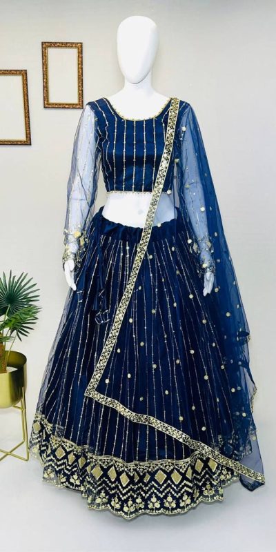 Cute Navy Blue Soft Net Embroidery Sequins Lehenga Choli