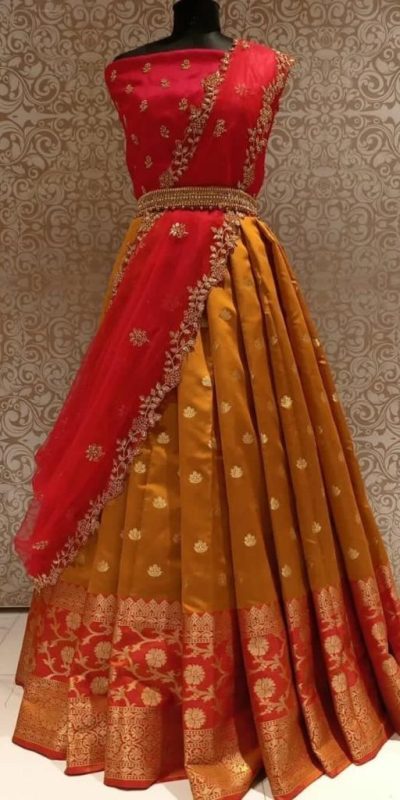 Cute Orange Kanjivaram Silk Jacquard Zari Work Lehenga Choli