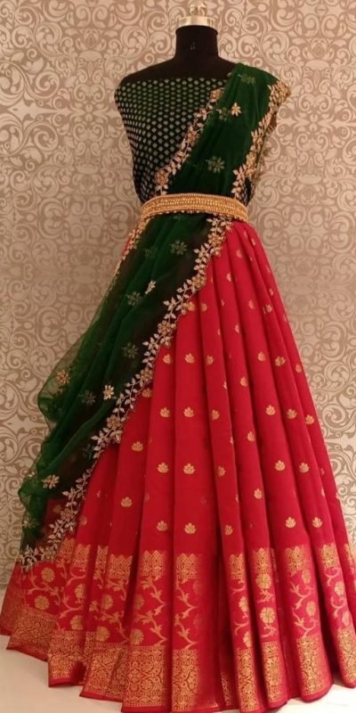 Cute Red Kanjivaram Silk Jacquard Zari Work Lehenga Choli