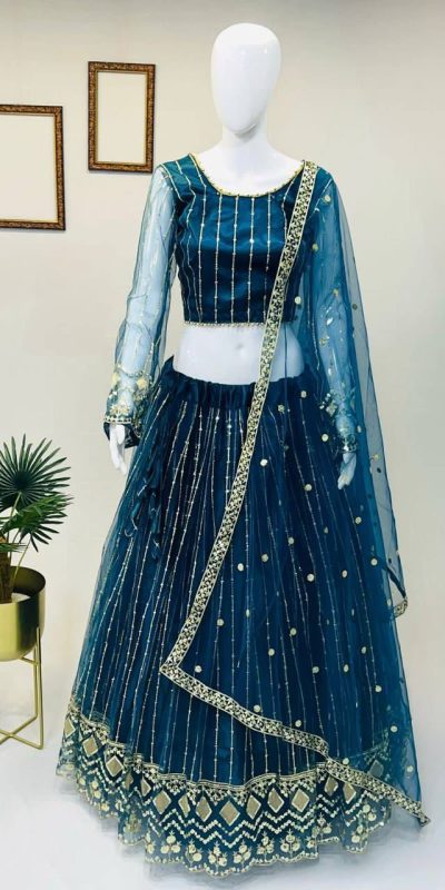 Cute Royal Blue Soft Net Embroidery Sequins Lehenga Choli