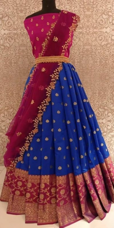 Cute Royal Blue Kanjivaram Silk Jacquard Zari Lehenga Choli