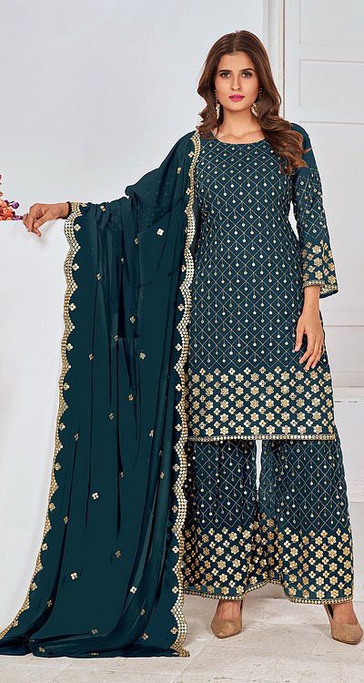 Cute Stone Green Color Georgette Embroidery Stone Sharara Suit