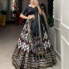 Dazzling Black Color Tussar Silk Leheriya Foil Print Lehenga Choli