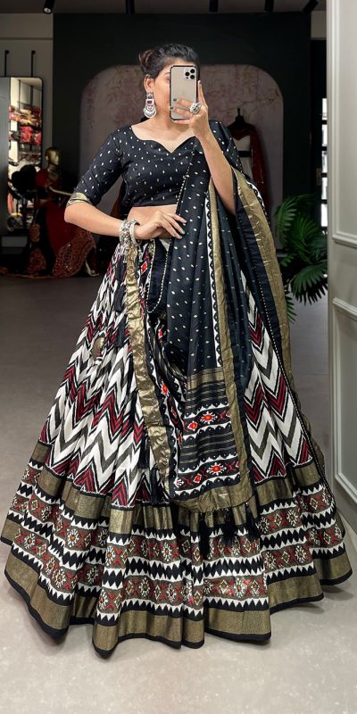 Dazzling Black Color Tussar Silk Leheriya Foil Print Lehenga Choli
