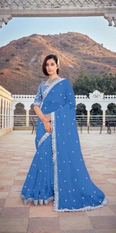 Dazzling Blue Color Bright Organza Silk Sequence Work Saree