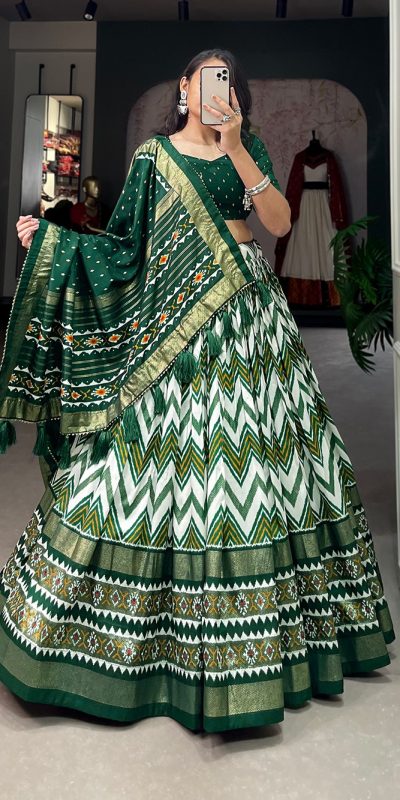 Dazzling Green Color Tussar Silk Leheriya Foil Print Lehenga Choli