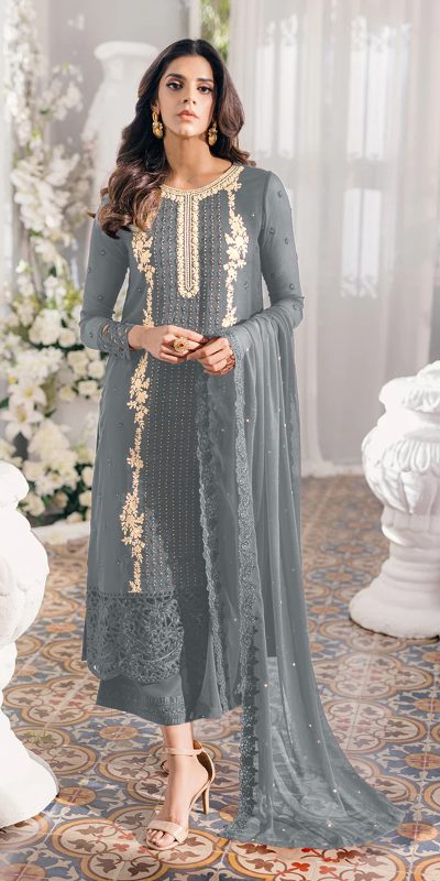 Dazzling Grey Color Heavy Georgette Embroidery Anarkali Suit