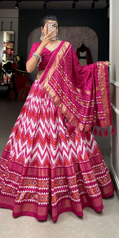 Dazzling Pink Color Tussar Silk Leheriya Foil Print Lehenga Choli