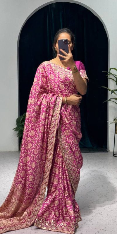 Dazzling Pink Color Vichitra Silk Digital Printed Embroidery Saree